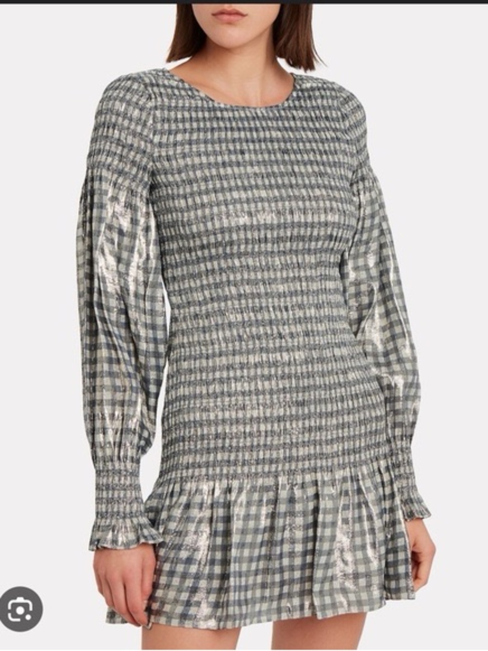 LoveShackFancy Gray and Silver Metallic Checked Long-Sleeve Smocked Mini Dress